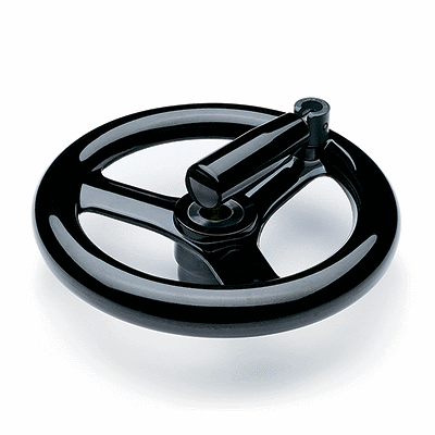 Three-spoke handwheels with fold-away handle