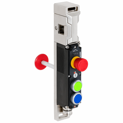 MGBS-AR, M23, emergency stop, 2 pushbuttons, with escape release, door hinge on right