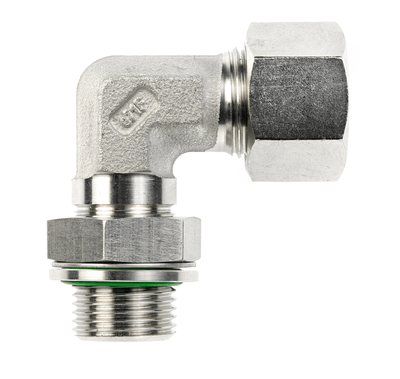 Adjustable male adaptor elbow fittings with counter nut, sealing with restraining O-ring, ISO 1179-3