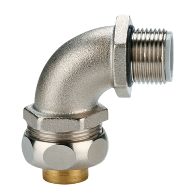 Connector body with hexagonal wrench surface, fixed metric outer thread acc. to EN 60423, hexagon pressure nut, plastic seal or brass thrust collar, O-ring and ferrule made of metal