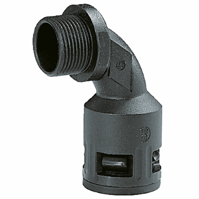 Plastic 90° bend connector with PG outer thread acc. to DIN 40430