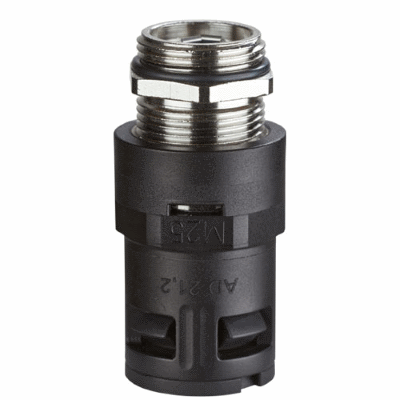 Plastic connector, quick-type, straight, nickel-plated brass outer thread, strain relief and contacting spring, high-density