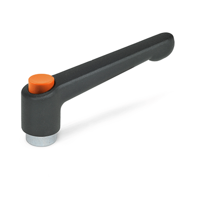 Adjustable hand levers with releasing button, zinc die casting, bushing steel zinc plated, with inner thread