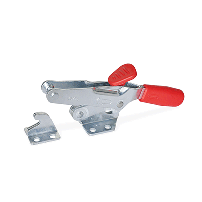 Toggle clamps with safety hook, for pulling action, Type T, with draw axle, with catch
