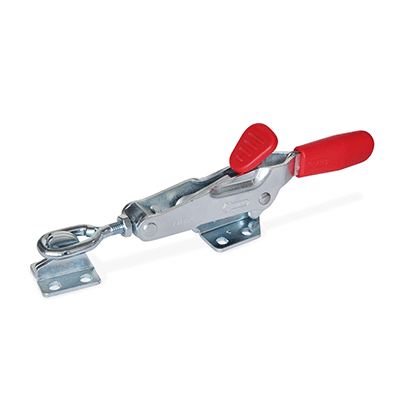 Toggle clamps with safety hook, for pulling action, Type TG, with draw axle, with catch, with oval head latch bolt
