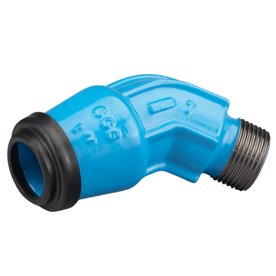 Coude ISO 45° en fonte ductile avec filetage extérieur