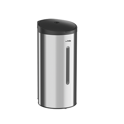 Electric wall-mounted soap dispenser for liquid soap in stainless steel. 5 levels of adjustable dispensing. Battery operated (4 x 1,5 AA NOT included)