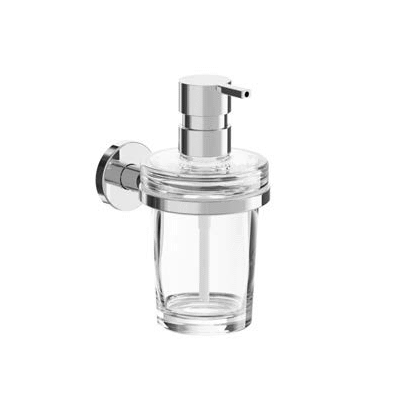Wall-mounted soap dispenser with extra clear transparentglass container and in finish brass pump