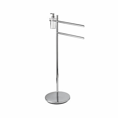 Stand with 2 towel holders and transparent glass soap dispenser and dish included