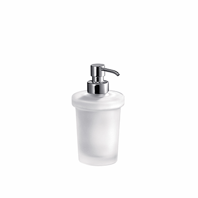 Soap dispenser in satined glass with chrome-plated brass pump for arts.