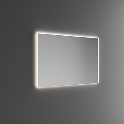 Specchio con telaio in alluminio verniciato. Spessore vetro 4mm. Luce frontale su 3 lati e ambientale su 4 lati per un effetto moderno