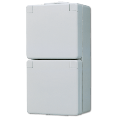 SCHUKO®-Zweifach-Steckdose, 16 A 250 V ~, Schraubklemmen, senkrecht, IP 44, WG 600