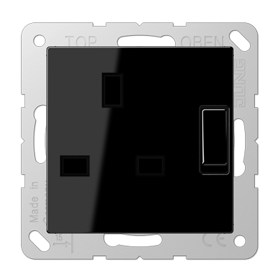Abschaltbare Steckdose, British Standard, 13 A 250 V ~, Schraubklemmen, mit Berührungsschutz, Duroplast, Serie A, schwarz