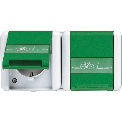 SCHUKO®-Zweifach-Steckdose, 16 A 250 V ~ mit E-Bike-Ladesymbol, mit Schriftfeld, waagerecht, IP 44, WG 800