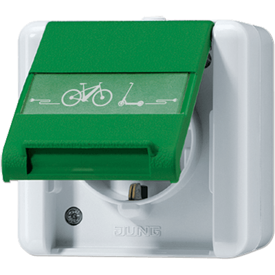 SCHUKO®-Steckdose, 16 A 250 V ~ mit E-Bike-Ladesymbol, mit Schriftfeld, Klappdeckel, WG 800, grau/grün (für SV)