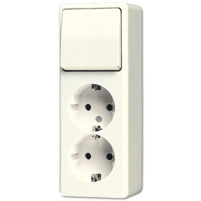 SCHUKO®-Zweifach-Steckdose 16 A 250 V ~ mit Schalter Universal Aus-Wechsel 10 AX 250 V ~, AP 600, weiß