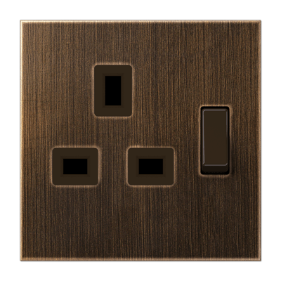 Abschaltbare Steckdose, British Standard, 13 A 250 V ~, Schraubklemmen, mit Berührungsschutz, Messing, Serie LS, Messing antik