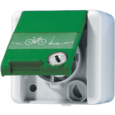 SCHUKO®-Steckdose, 16 A 250 V ~ mit E-Bike-Ladesymbol, mit Schriftfeld, Klappdeckel, mit Sicherheitsschloss, IP 44, WG&nbsp;800