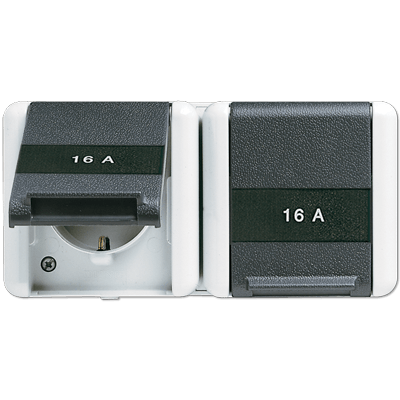 SCHUKO®-Zweifach-Steckdose, 16 A 250 V ~, mit Schriftfeld, waagerecht, IP 44, WG 800