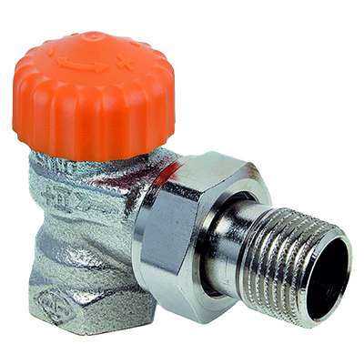 Two-way valve with right-angled throughput with flow rate control