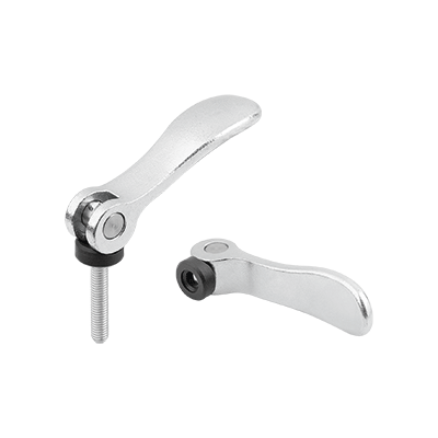 Cam levers, steel with internal or external thread, plastic thrust washer and steel stud