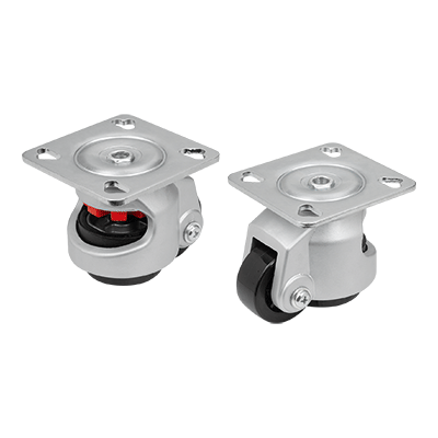 Elevating castors with integrated locking foot for aluminium profiles