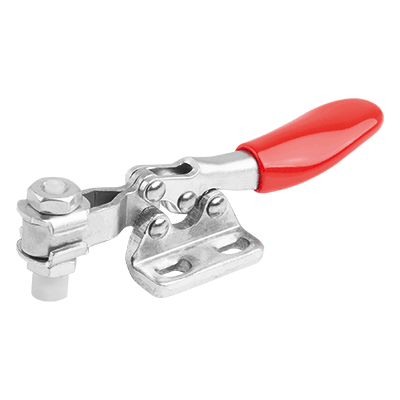 Mini toggle clamp, horizontal with horizontal foot left and adjustable clamping spindle