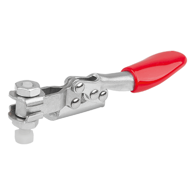 Mini toggle clamp, horizontal with horizontal foot right and adjustable clamping spindle