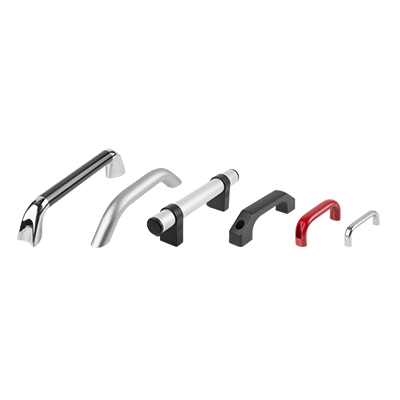 Stirrup-shaped handles, machine handles, apparatus handles