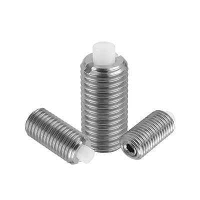 Spring plungers with hexagon socket and flattened POM thrust pin, stainless steel