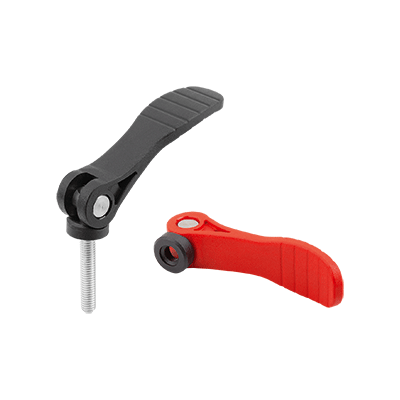 Cam levers, plastic with internal or external thread, plastic thrust washer and steel or stainless steel stud