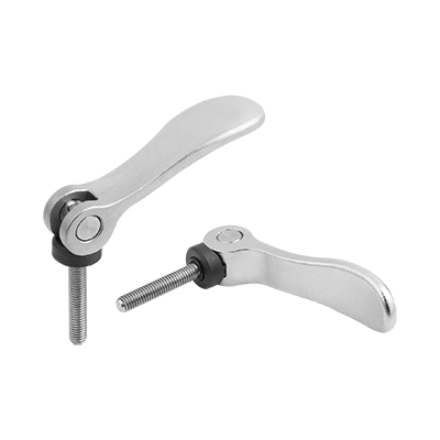 Cam levers, stainless steel, adjustable with external thread, plastic thrust washer and stainless steel stud