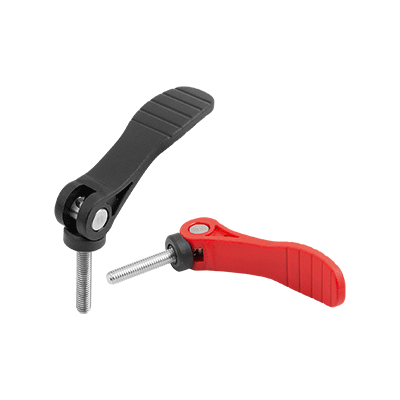 Cam levers, plastic, adjustable with external thread, plastic thrust washer and steel or stainless steel stud