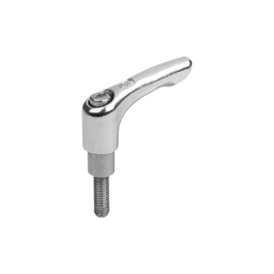 Clamping lever, stainless steel with extended collar with male thread, steel parts stainless steel