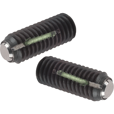 Ball-end thrust screws without head with flattened ball, with thread lock
