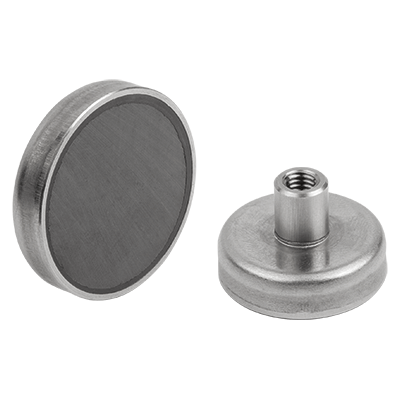 Shallow pot magnets with internal thread hard ferrite with stainless-steel housing