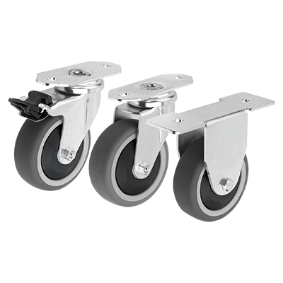 Swivel and fixed equipment castors, steel with TPU tread, electrically conductive for aluminium profiles