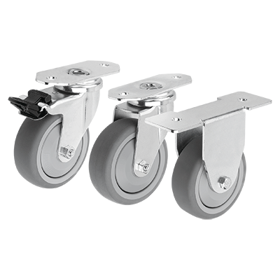 Swivel and fixed equipment castors, steel with TPE tread, for aluminium profiles