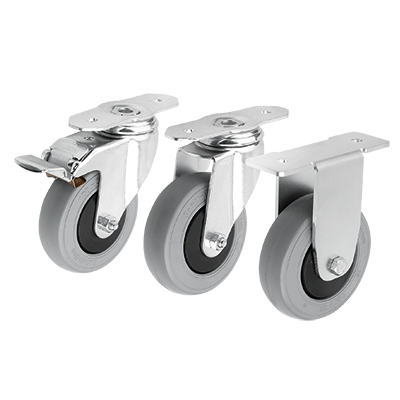 Swivel and fixed equipment castors, steel with elastic solid rubber tread, for aluminium profiles