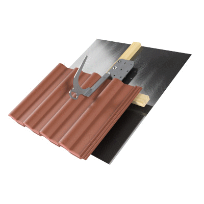 Safety roof hook; stainless steel, with hole for lightning protection connection Dimensions: 392 x 125 mm; offset H=45 mm, suitable for roofing with tiles.