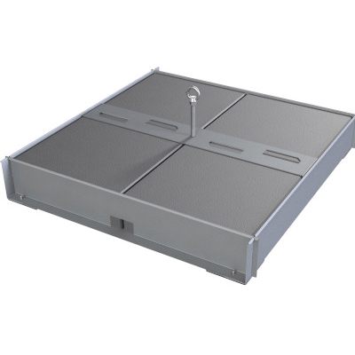 Mobile anchor point; load-bearing stainless steel (L x W: 1062 x 1114 mm) Can be used up to 5° roof pitch; Empty: 21 kg; Filled with (on-site) concrete slabs: 355 kg