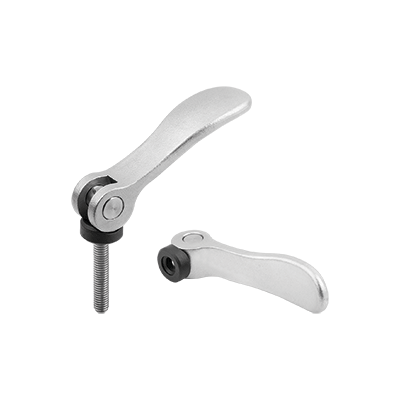Cam levers, stainless steel with internal or external thread, plastic thrust washer and stainless steel stud