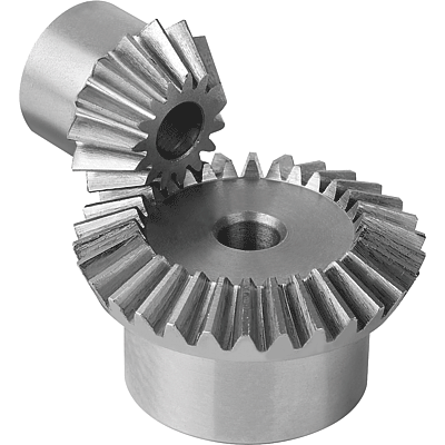 Bevel gears in steel, ratio 1:4 toothing milled, straight teeth