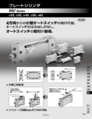 エアシリンダ>コンパクトエアシリンダ>プレートシリンダ MU/MDU ・ピストン長円形状により省スペース化が可能。さらに多面方向からシリンダ取付が可能。・4方向から小型オートスイッチ取付可。・オートスイッチのはみ出しがない。・ストローク300mmまで可。・オートスイッチ付（MDUシリーズ：MDU、MDUW）