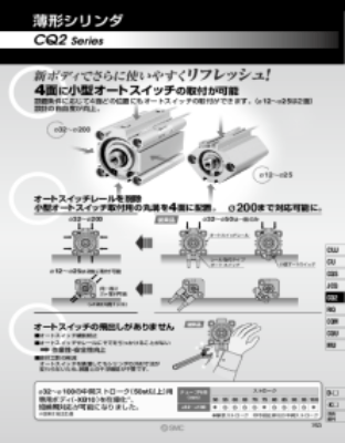 エアシリンダ>コンパクトエアシリンダ>薄形シリンダ CQ2/CDQ2 ・全長が薄形に設計され装置のコンパクト化が実現する省スペースシリンダ。・4面に小型オートスイッチ取付可能（ø12～ø25は2面）・オートスイッチの飛びだしがありません。・軽量：5～13％低減（従来CQ2比較）・2山クレビス用受金具、コンパクトフート形金具を新たに追加・取付ボルト同梱、ロッド先端金具付品番を設定（別手配する手間が省けます）・オートスイッチ付（CDQ2シリーズ：CDQ2、CDQ2W、CDQ2K、CDQ2KW、CDQP2、CD