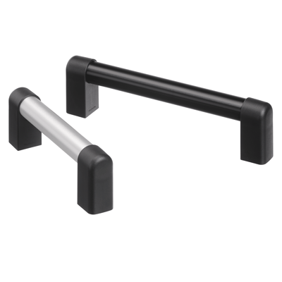 Terrons / pipe handles / machine handles for industrial systems: Material combination plastic / aluminum or plastic / stainless steel, silver