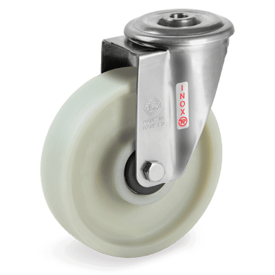 Polyamide 6 solid wheels charged with glass fiber, stainless steel, swivel bolt hole bracket type "NLX"