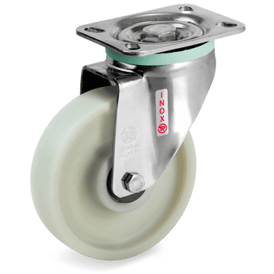 Polyamide 6 solid wheels charged with glass fiber, stainless steel, swivel top plate bracket type "NLX"
