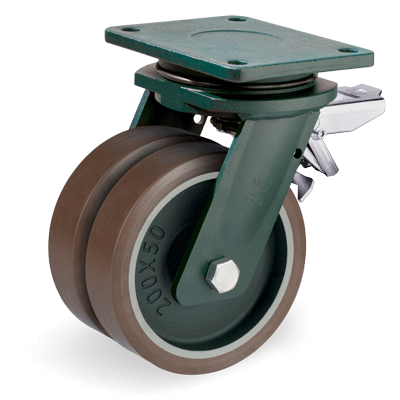 "TR-POWERHIGH" polyurethane wheels, swivel top plate bracket type "EEG HD" with brake