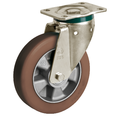 Ruote in poliuretano "TR-POWERHIGH", nucleo in alluminio, supporto girevole con piastra tipo "PT".